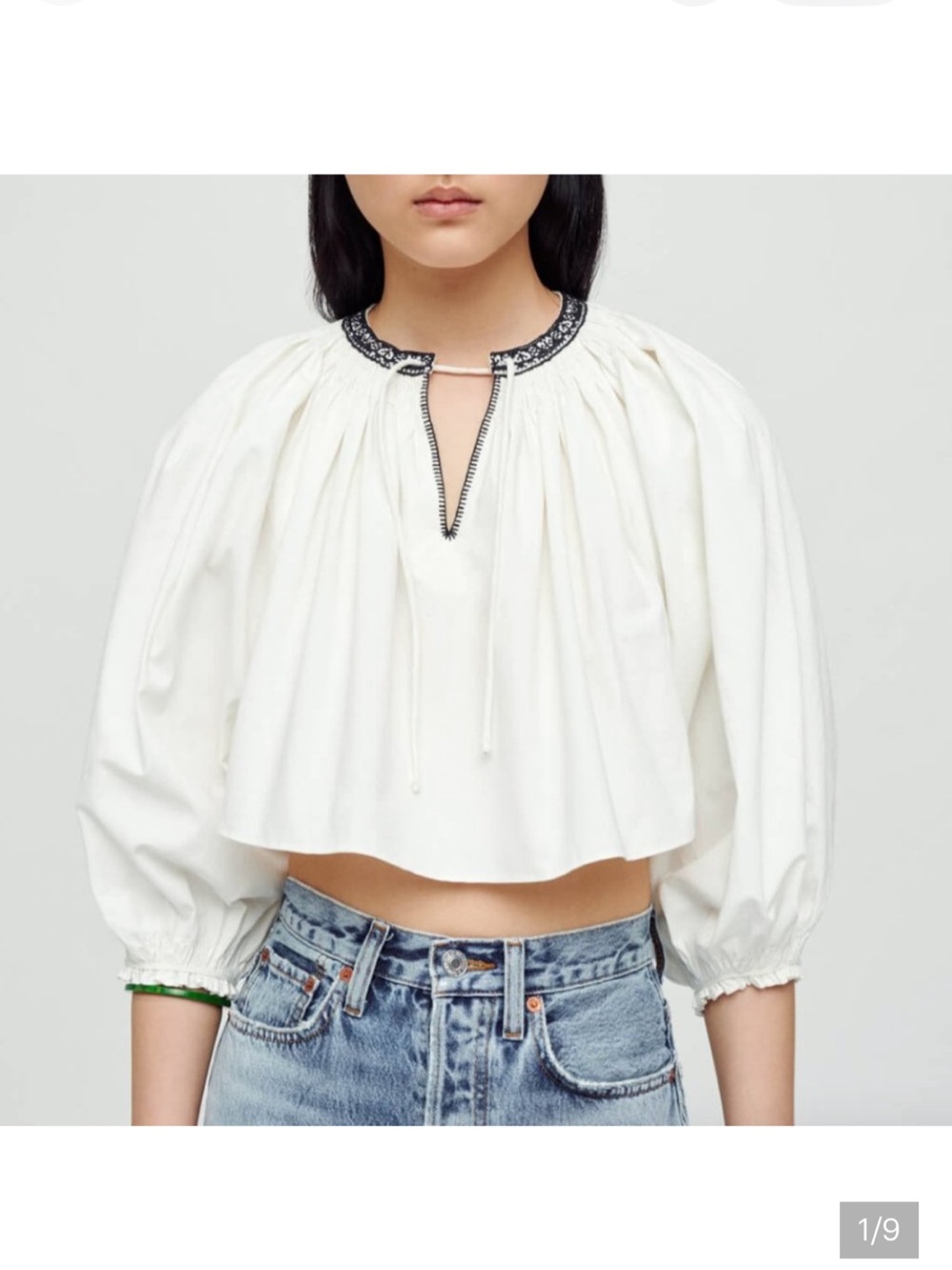 Re/Done White Cropped Peasant Top with Contrasting Neck Trim